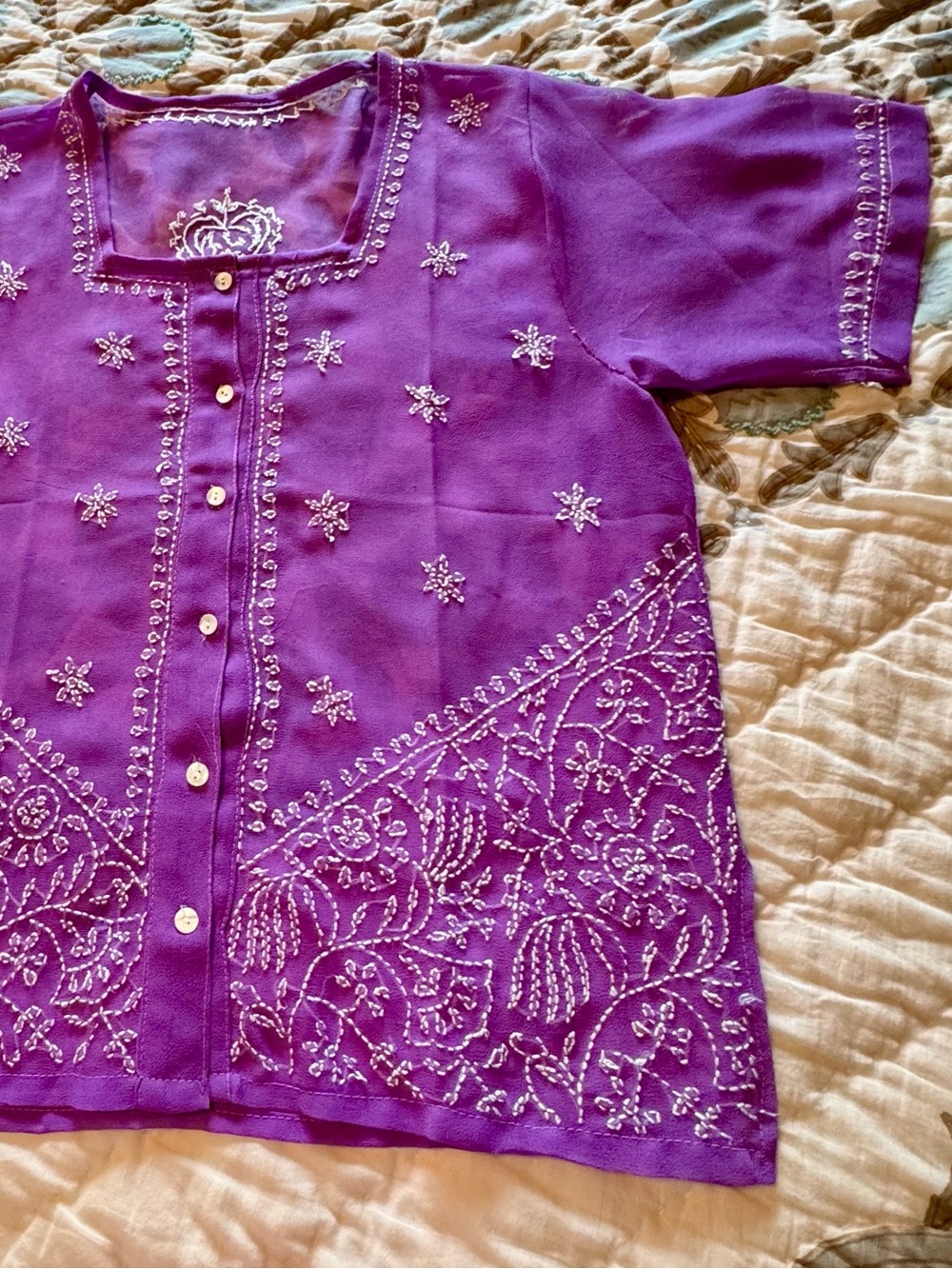 Purple Embroidered Light Button-Front Top